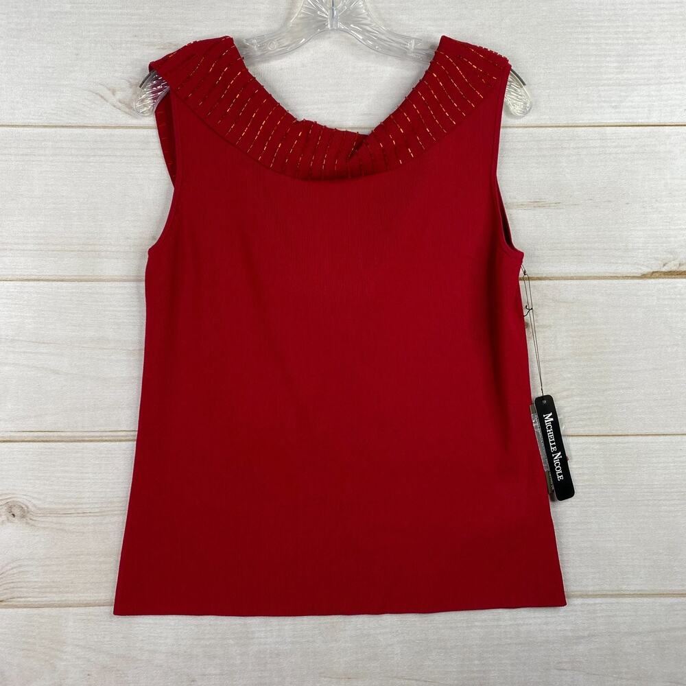 Michelle Nicole Top Womens XL Red Beaded Scoop Back Slouch Neck Stretch Vtg NWT